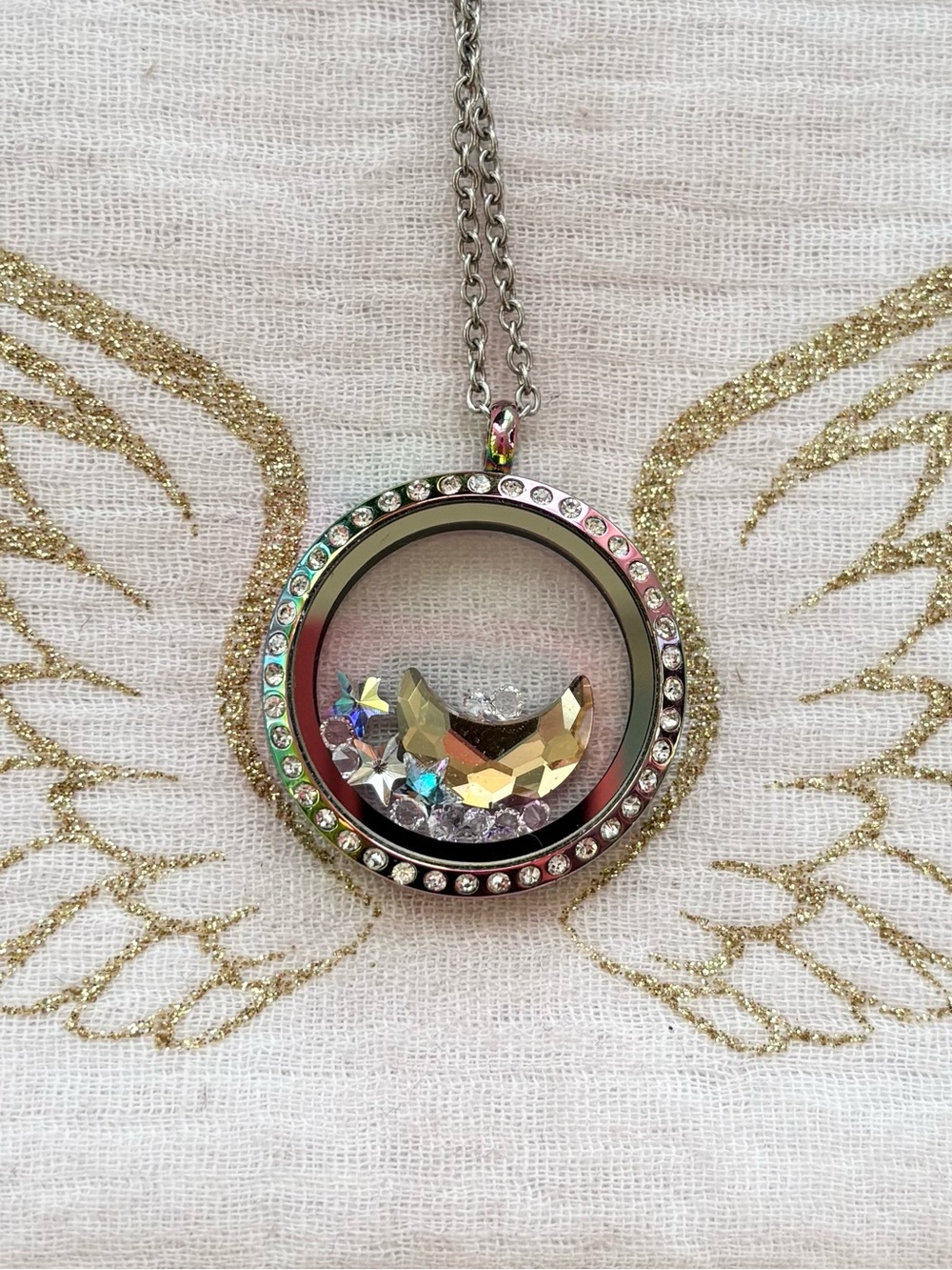 Silver Crystal Moon & Star Crystal Locket Necklace - Floating Pendant